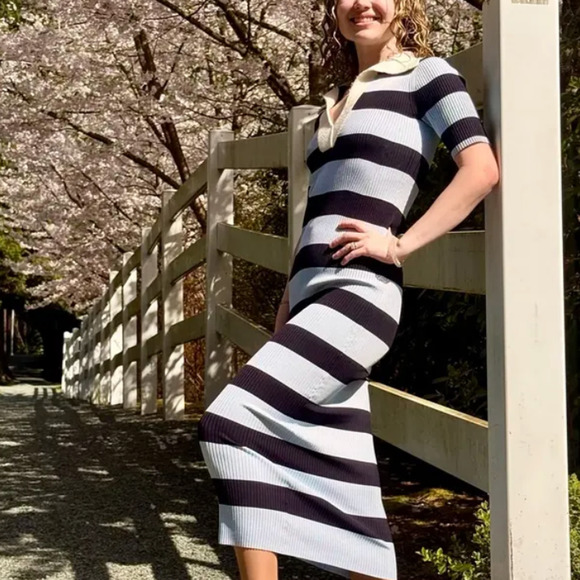 A.L.C. Blue Black Stripe Polo Midi Dress XL Preppy Ribbed Knit Designer $500 - Picture 10 of 12